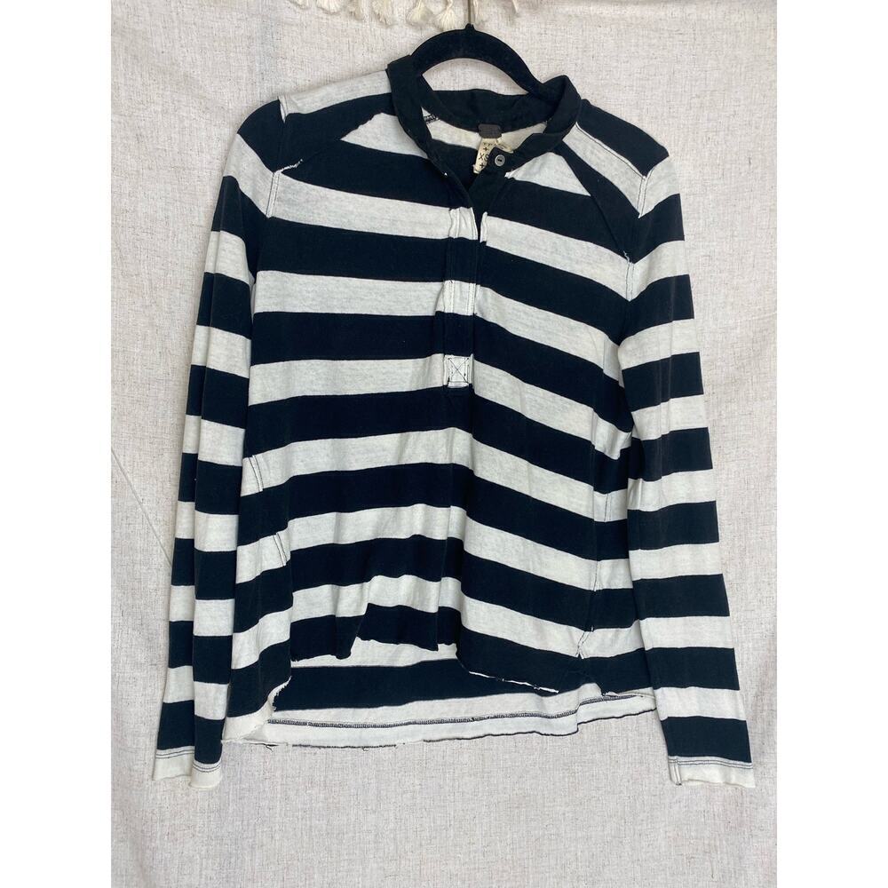 Free People Black White Striped Half Button Down Collared Long Sleeve Tee XS